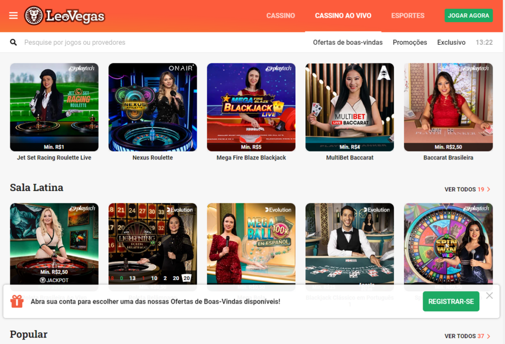 Na imagem abaixo, mostramos a oferta de jogos ao vivo da LeoVegas: