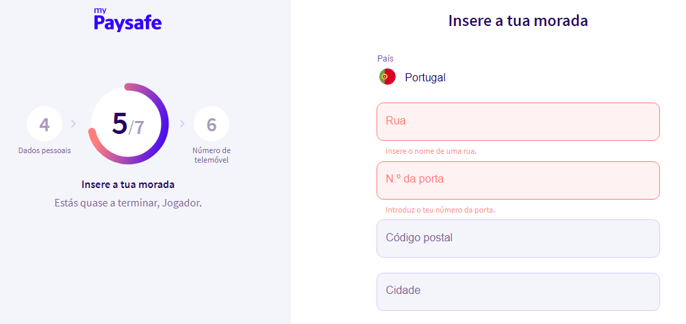Insira seu endereço e código postal. Por enquanto, o Paysafecard exige um endereço em Portugal para continuar esta etapa. Se o Brasil estiver disponível, siga com seus dados normalmente.