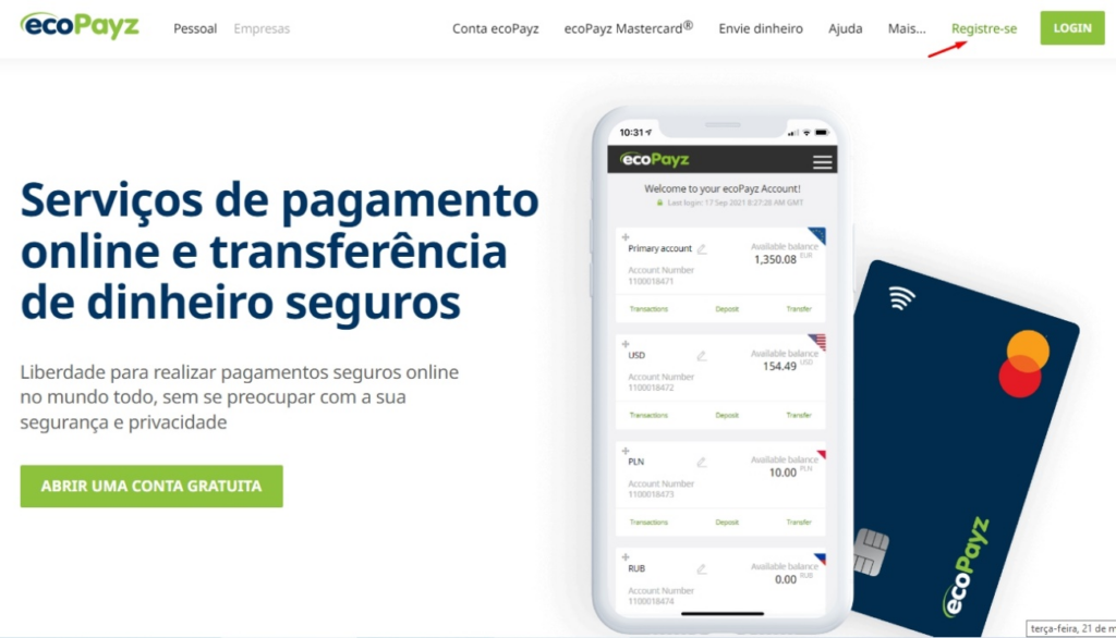 Primeiramente acesse o endereço da Ecopayz no Brasil: https://www.ecopayz.com/pt/ e clique no botão “Registre-se”